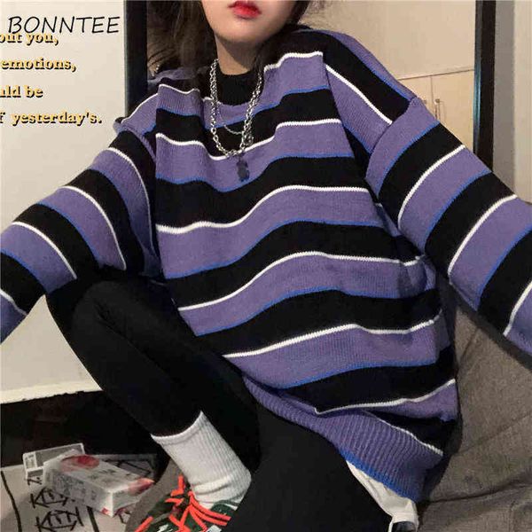 

pullovers women o-neck striped oversize trendy harajuku knitted sweaters students all-match leisure daily streetwear korean, Black
