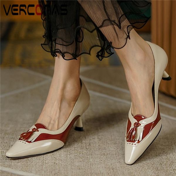 

dress shoes verconas women pumps genuine leather retro fringe thin heels shallow office lady casual woman autumn summer, Black