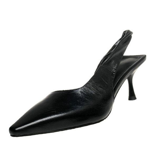 

band shoes woman high heels genuine leather slingbacks thin pumps for women shallow party working dress, Black