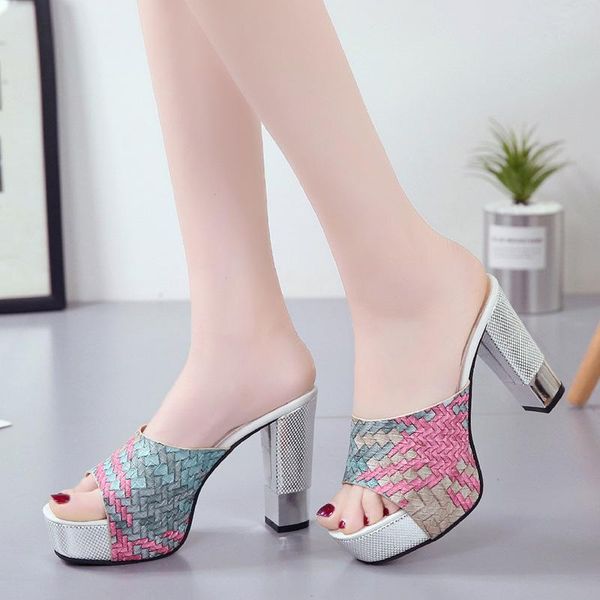 

slippers glitter mesh women sandals thick heel shoes summer fashion peep toe casual slip on big size 35-39 a234 slides pu, Black