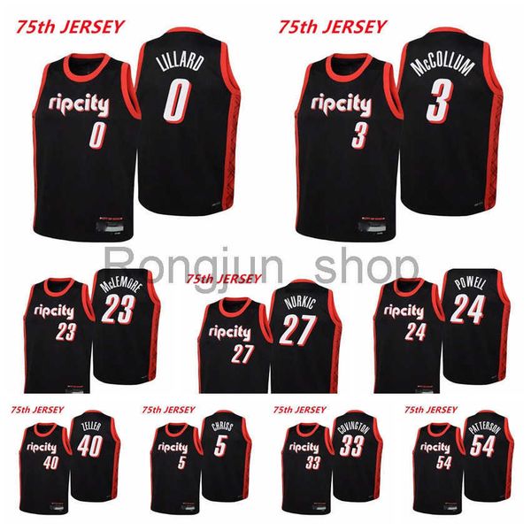

2021-22 75th anniversary printed mens basketball damian lillard 0 c.j. mccollum 3 jusuf nurkic 27 norman powell 24 black jerseys