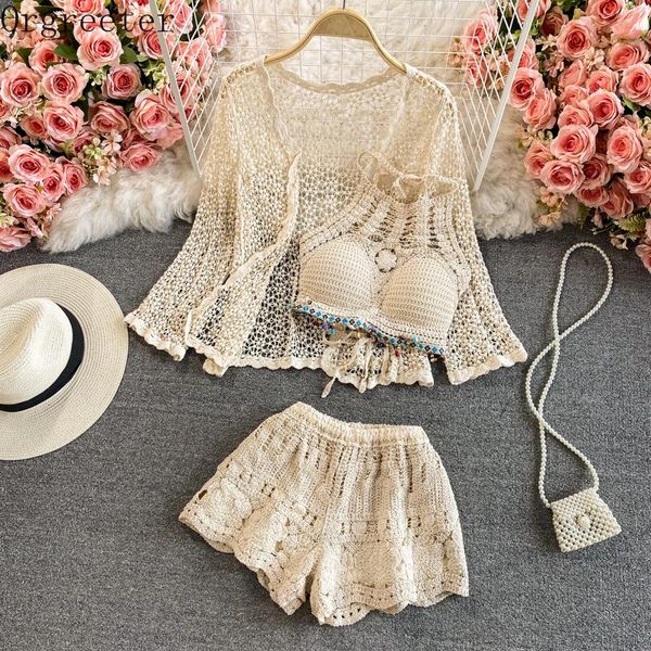 

women's tracksuits women summer beach style crochet hollow out 3-piece sets sun-proof + ethnic spaghetti strap vest+ shorts vacation su, Gray