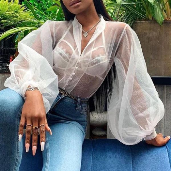 

women's blouses & shirts ladies plus size long sleeve mesh see through blouse shirt women 2021 summer white females sheer