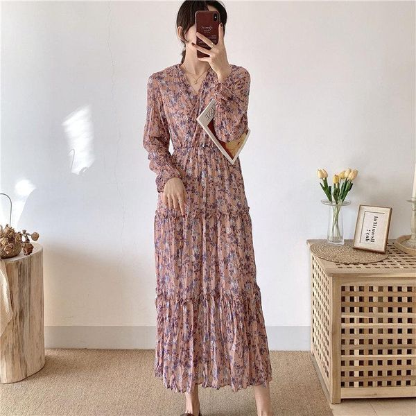 

casual dresses waist-controlled chic elegant v-neck vintage fresh sweet chiffon pleated 2021 print floral women retro, Black;gray