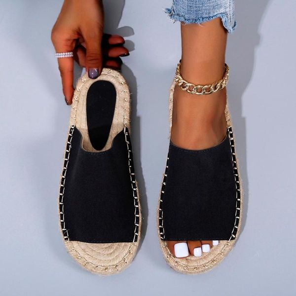 

sandals women's flat heels retro shoes woman 2021 breathable weave flax summer open toe slippers women flip flops d4, Black