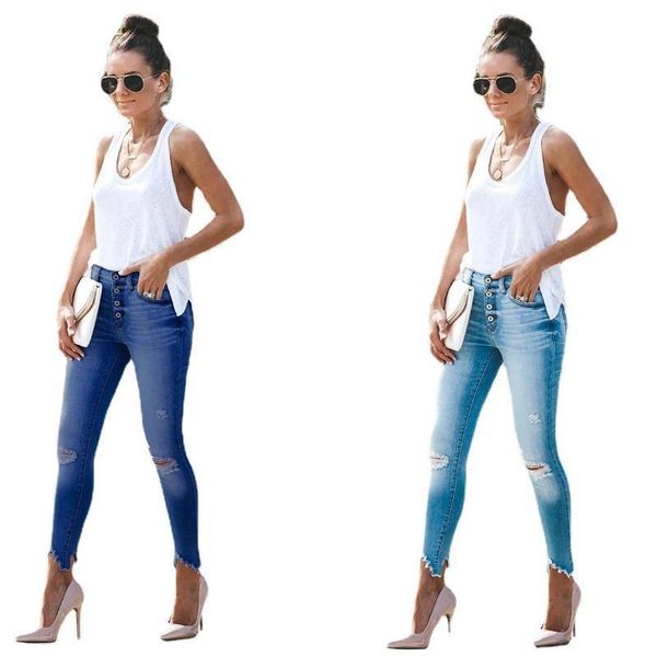 

women's jeans 2021 straight stretch denim pants with holes and hips fashion high waist woman, Blue