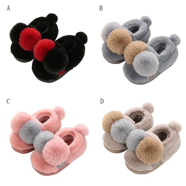 

slipper cute boys girls warm winter cotton slippers two-color ball non-slip tpr baby kids children shoes, Black;grey