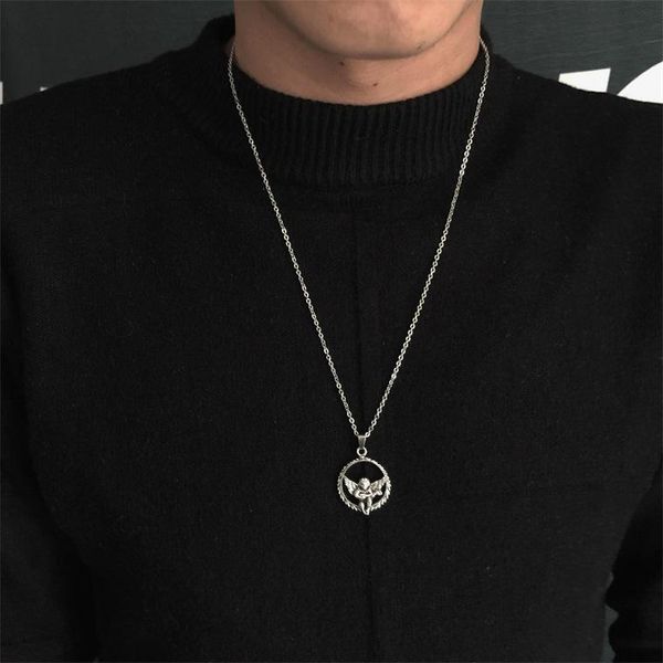 

pendant necklaces wind dark girl guitar angel earth cool titanium steel garland necklace hip hop sweater chain, Silver