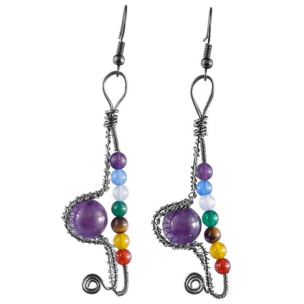 

healing chakra round beads dangle earrings for women gun black color gem stone ears pendant reiki handmade jewelry & chandelier, Silver