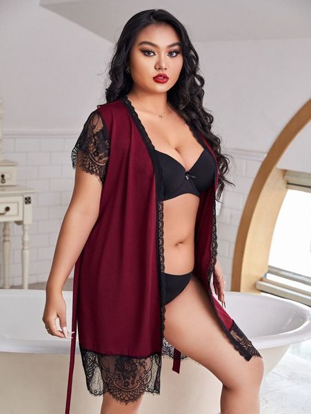 

plus contrast eyelash lace belted sleep robe without lingerie e5xv#, Black;white