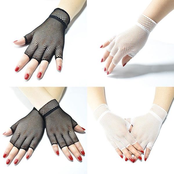 

five fingers gloves women black white short mesh gauze ultra thin vintage elegant half finger transparent summer glove, Blue;gray