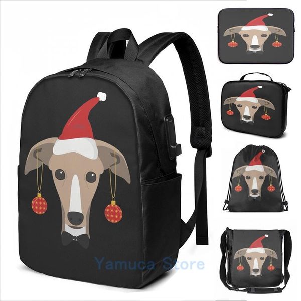 

backpack funny graphic print greyhound christmas santa hat and baubles usb charge men school bags women bag travel laptop