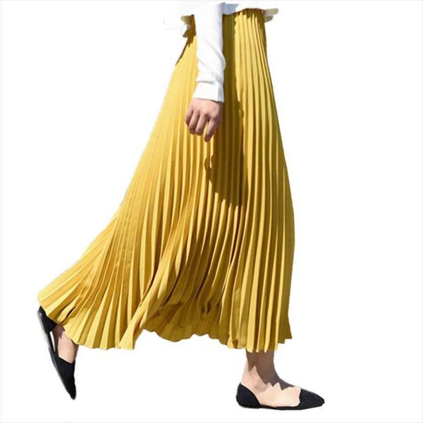 

summer vintage long maxi womens skirt solid elastic high waist pleated saias jupe, Black