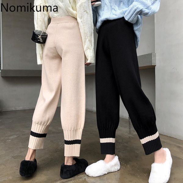 

nomikuma contrast color knitted harem pants women high waist casual loose trousers female korean fashion pantalones mujer 3c688 210514, Black;white