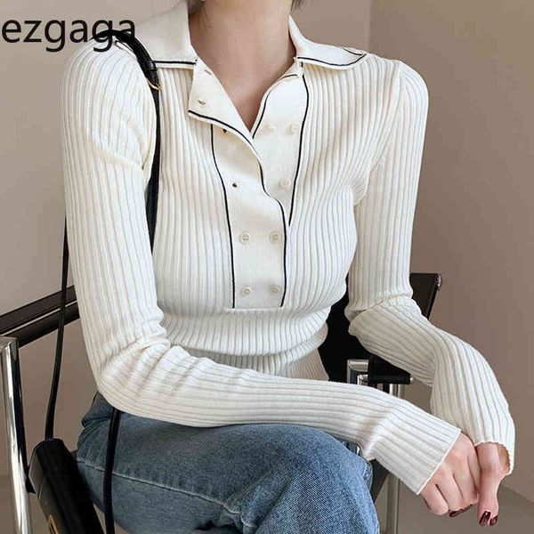 

ezgaga knit sweater pullover women chic turn-down collar button slim simple soft office lady elegant all-match fashion 210430, White;black