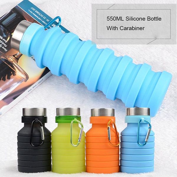 

water bottles 550ml portable silicone collapsible bottle with carabiner for sports outdoor travel kettle