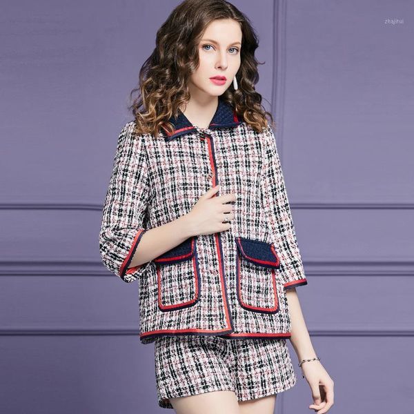 

two piece dress retro plaid tweed lapel coat shorts suit, White