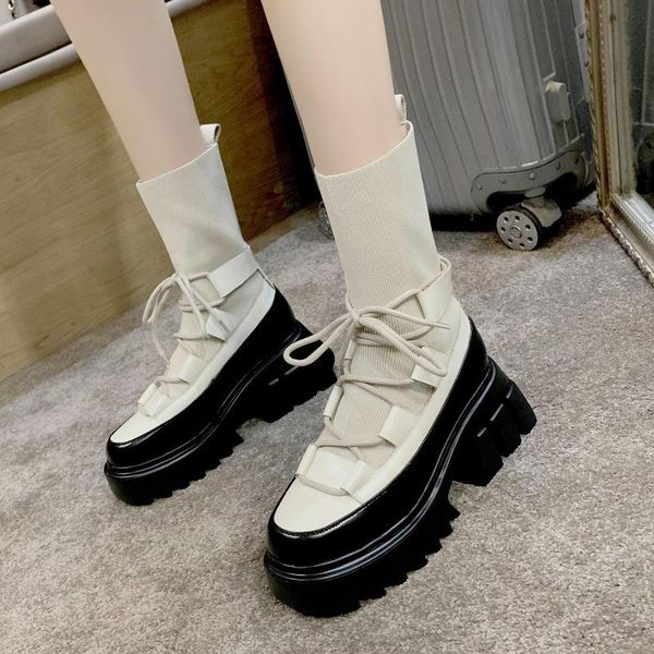 

boots british style pu wedge platform ankle woman thick-soled short botas drop 2021 fashion knit sock women, Black