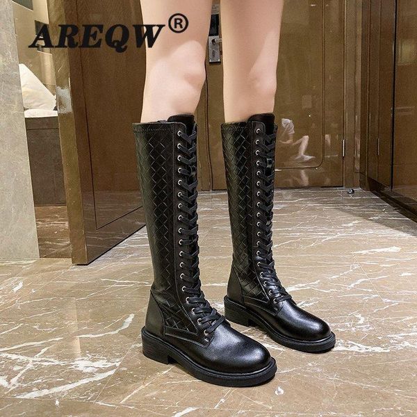 

areqw fashion buckle knee high boots women casual cross thick heel long woman black pu leather platform shoes zapatos de mujer