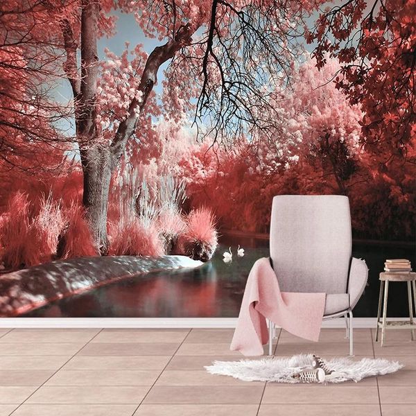 

wallpapers home interior po mural custom wallpaper pink forest lake swan background wall decoration painting papier peint 3d
