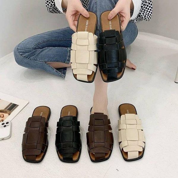 

slippers summer style casual retro woven square toe muller shoes flat beach non-slip baotou lightweight ladies drag sandals, Black