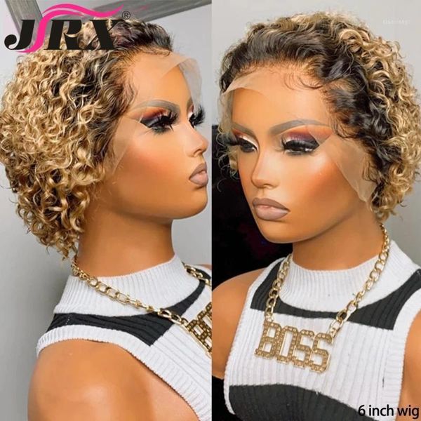 

colored human hair wigs 13x6 1b/30 ombre blonde pixie cut t part lace front wig short bob curly remy 150% 180% density1, Black;brown