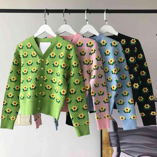 

knits fall fashion rhombic plaid floral jacquard knitted cardigan women neck single breasted sweater coat, White