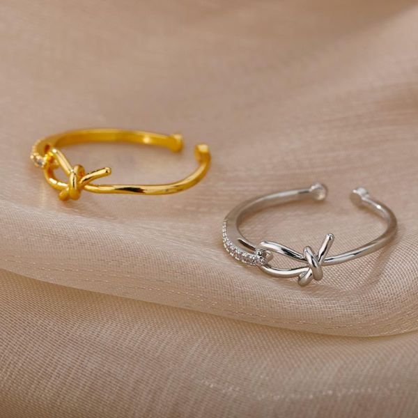 

wedding rings korean style bow knotted for women elegant lady zircon crystal engagement ring adjustable vintage jewelry gift, Slivery;golden