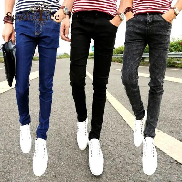 

men's jeans slim korean fashion small feet large size denim trousers solid pencil pants, Blue