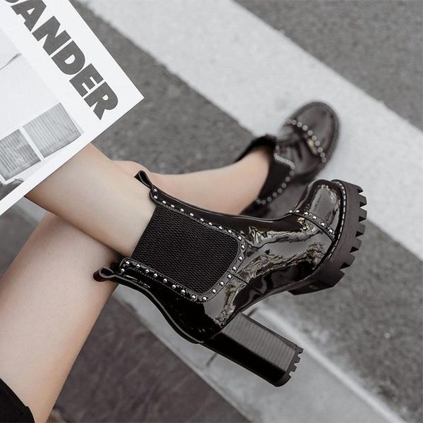 

boots women short 2021 ladies leather ankle autumn platform motorcycle booties for female punk winter pearl rivet shoes, Black