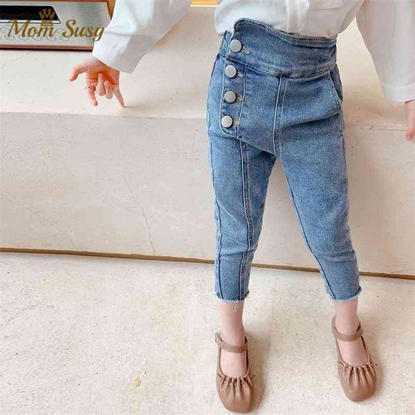 

fashion baby girl jean pants cotton high waist infant toddler children button denim trousers long baby girls pant clothes 1-10y 210317, Blue