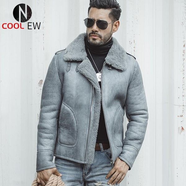 

men's leather & faux luxury mens 100% natural shearling overcoat genuine jacket thick warm sheepskin real fur lining coat slim fit jack, Black