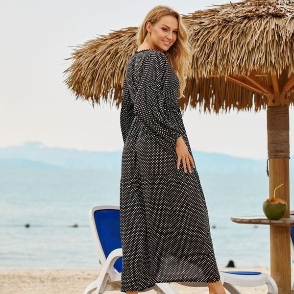 

women's swimwear e5bd womens turkish kaftans swimsuit cover up polka dot print long sleeve beach maxi dress deep v-neck loose, White;black