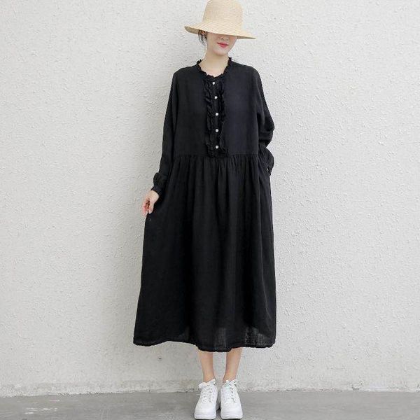 

fairynatural ladies solid color retro linen dresses 2021 spring fall women ruffles collar button loose dress casual, Black;gray