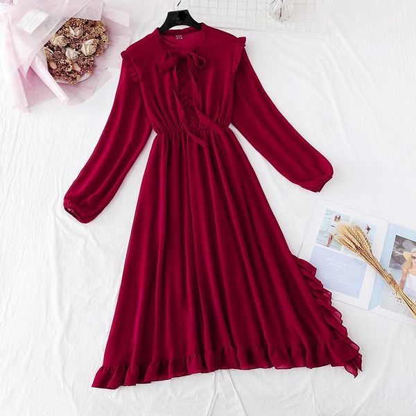 

casual dresses dress 2021 pleated women's chiffon solid color temperament lotus leaf long sleeve asual street, Black;gray