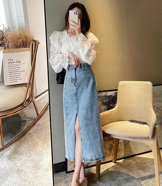 

two piece dress casual 2 set women spring fashion lapel long sleeve white lace blouse + hight waist denim split long bl2c