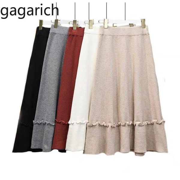 

skirts gagarich women knitting spring high elastic waist solid ruffles calf length ladies skirt elegant female thick jupe tide, Black