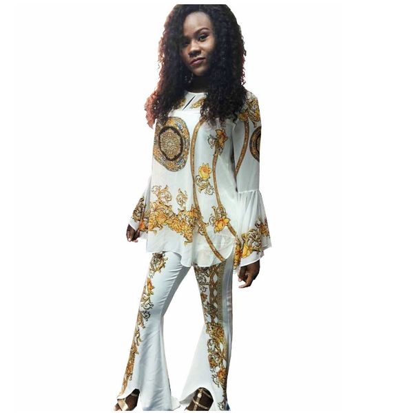 

pants fashion suits digital print flared sleeve loose t-shirt with set, White