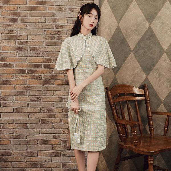

ethnic clothing plaid female cheongsam velour cloak banquet party dress gown vintage button chinese style qipao mandarin collar vestido, Red