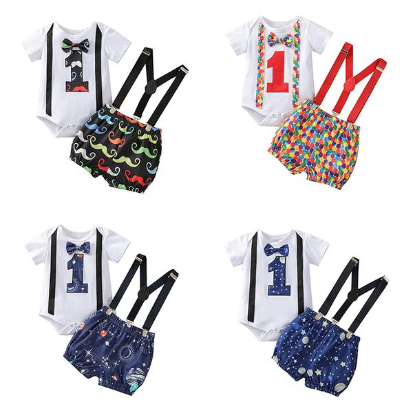 Estate 1 anno di età festa di compleanno set di abbigliamento per neonati pagliaccetto + pantaloncini con bretelle neonato primo gentiluomo abiti M3559