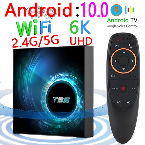 T95 Smart Tv Box Android 10 6k 2.4g 5g Wifi 128g Controller vocale 3D 16g 32gb 64gb 4k Quad Core TvBox Media Player