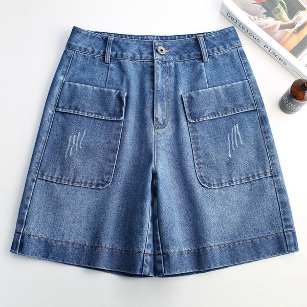 

women's jeans fashion 2021 summer women high waist shorts knee length pocket denim loose streetwear casual straight pants ln, Blue