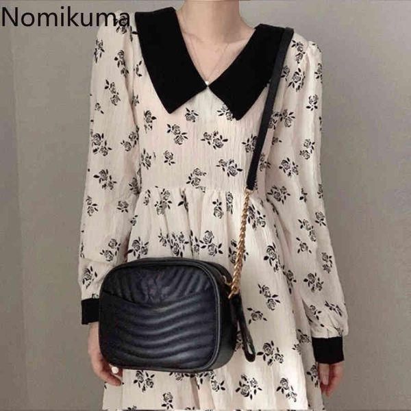 

nomikuma korean floral dresses women puff sleeve high waist a-line dress spring new turn-down collar vestidos mujer 6g663 210427, Black;gray