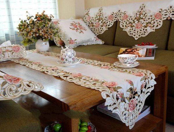 

peach roses series rural cloth art european embroidery 40*190cm the table tea flag dust cover towel
