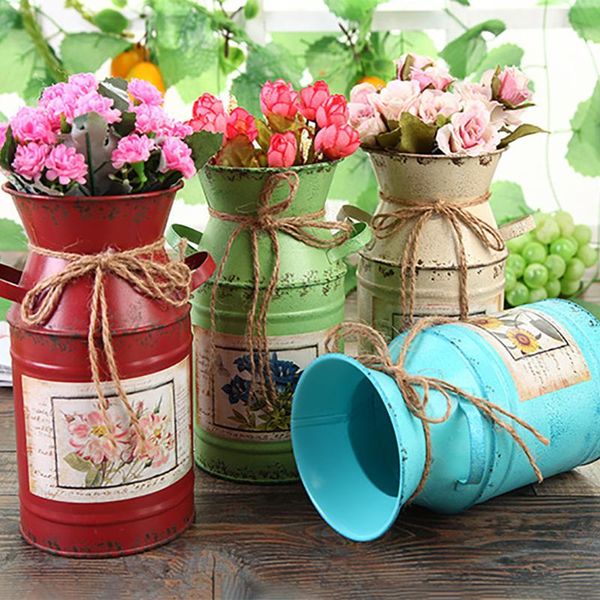 

vases flower vase garden plants iron bucket home decoration pots arrangement craft rural style shabby vintage table #734