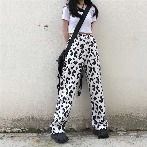 

women's pants & capris cow print women korean streetwear summer casual loose high waist ladies wide leg palazzo stacked trousers 2, Black;white