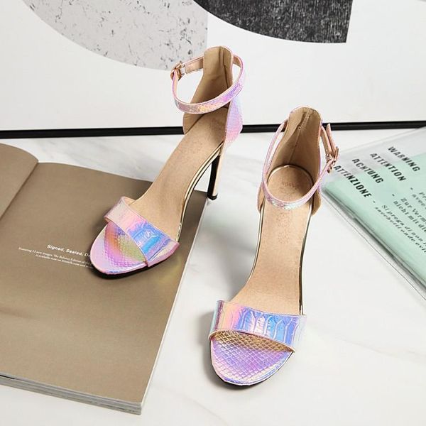 

oversized -15 high heels sandals women shoes woman summer ladies monotype buckle with colorful metal toe exposed, Black