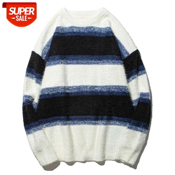 

hip hop patchwork stripe knitted sweater mens casual harajuku jumper oversize 2020 winter warm pullover cotton white #vq8p, White;black