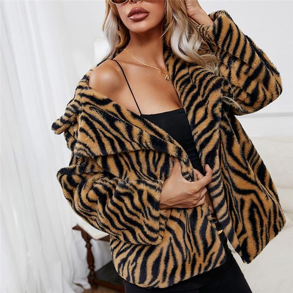 

women's jackets 2021 autumn winter women warm zebra/leopard print coat long sleeve lapel neck plush cardigan female casual slim outerwe, Black;brown