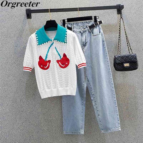 

cherry embroidery pearl deco knitted pullover women two piece elastic waist denim calf-length pants suit femal 210525, White